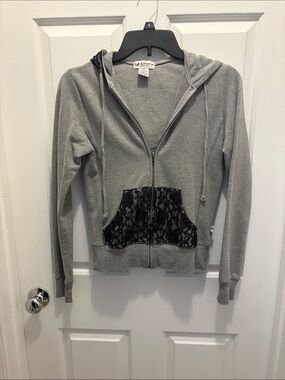 Self Esteem Light Gray Zip Hoodie with Black Lace Pocket/Hood